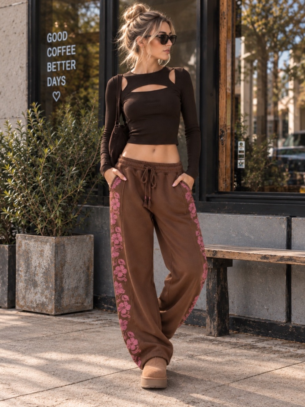 ROXY Brown Floral Side Stripe Low Rise Sweatpants NWT Size S
